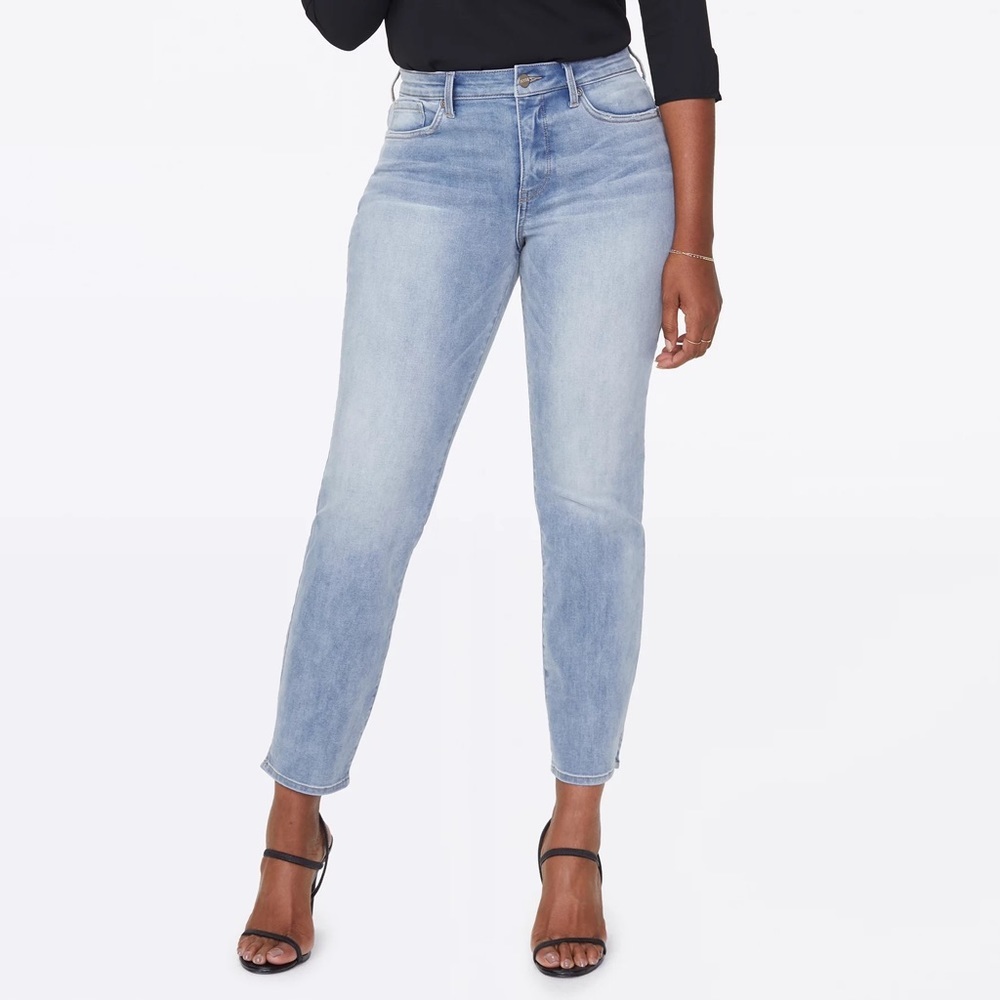Nydj - Curves 360 Sz 10P Slim Straight Ankle Slit Jeans Biscayne Blue Light Wash